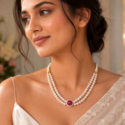 Double Strand Pearl Necklace with Ruby Center Pendant